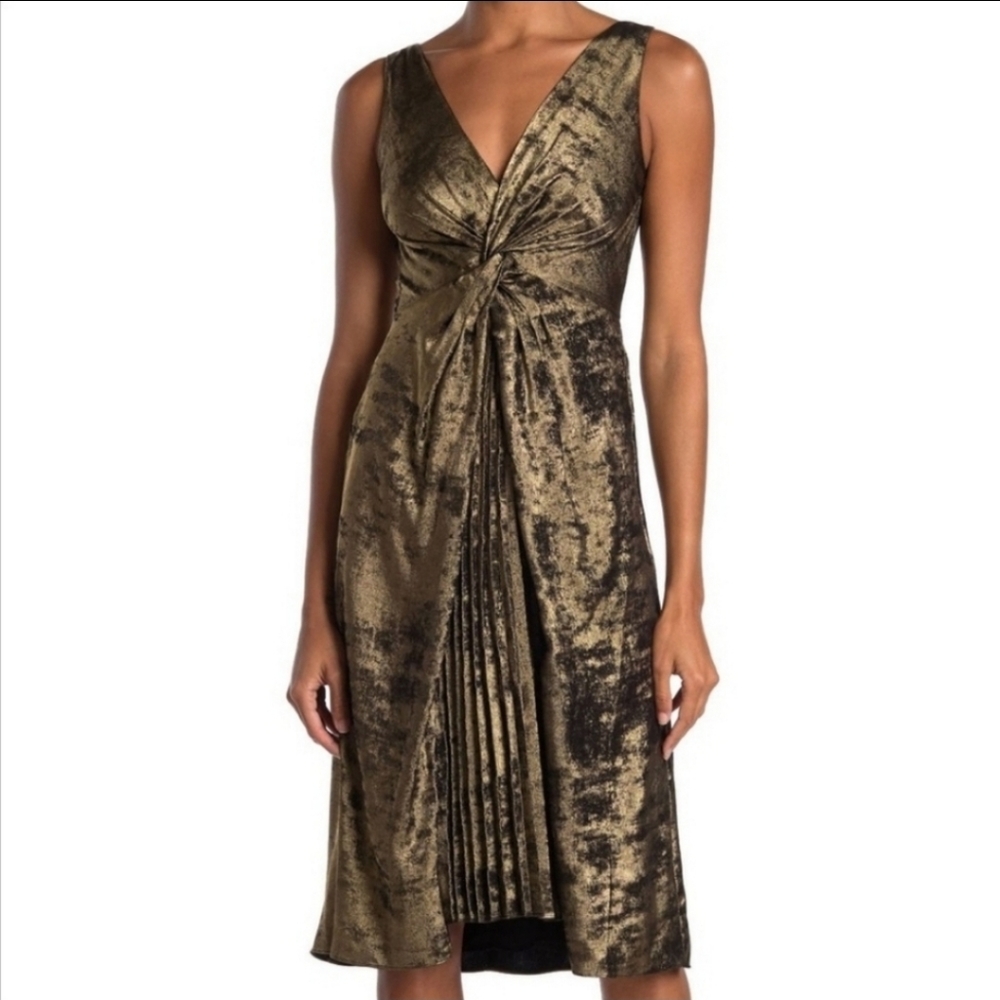 Bailey 44 Gold Sophia Dress Pleated Crushed Bronze Velvet Sleeveless V-n…